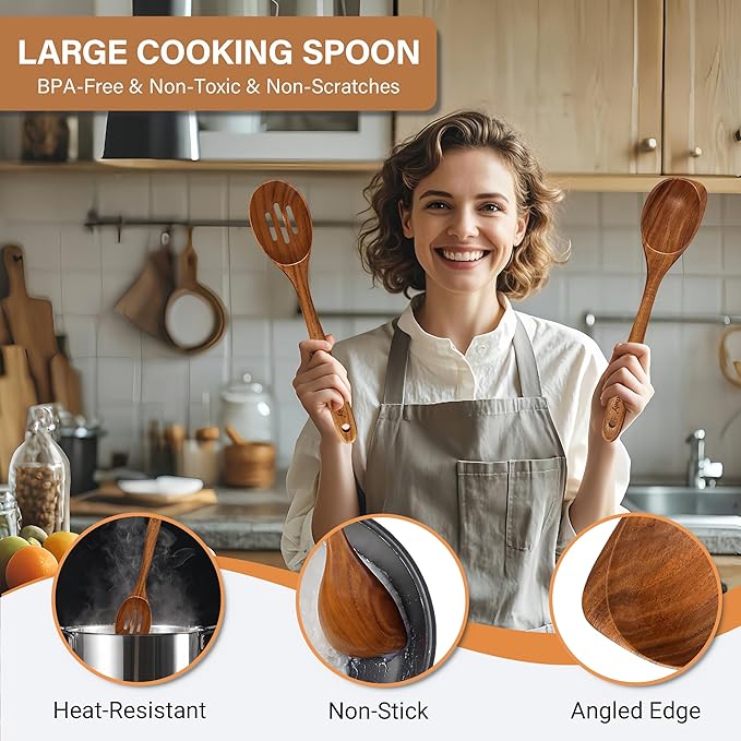 Large Wooden Spoons for Cooking, 2Pack Natural Teak Wood Cooking Spoon Set, Non-Stick Slotted and Corner Spoon, Heat-Resistant Wooden Spatula Spoon for Serving and Mixing