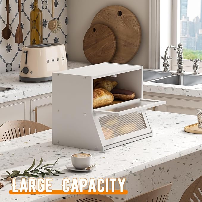 GHWIE Double Layer Bamboo Bread Box for Kitchen Counter,Large Capacity Bread Storage Bin,Bread Container with Acrylic Wavy Door Panel (White, Medium)