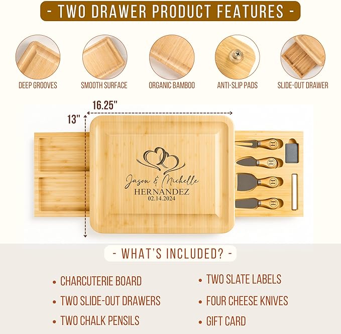 Personalized Bamboo Charcuterie Board Set with Fruit Tray - House Warming Gifts New Home, Gift for Couple, Wedding, Christmas, Anniversary, Housewarming, Bridal Shower Gift