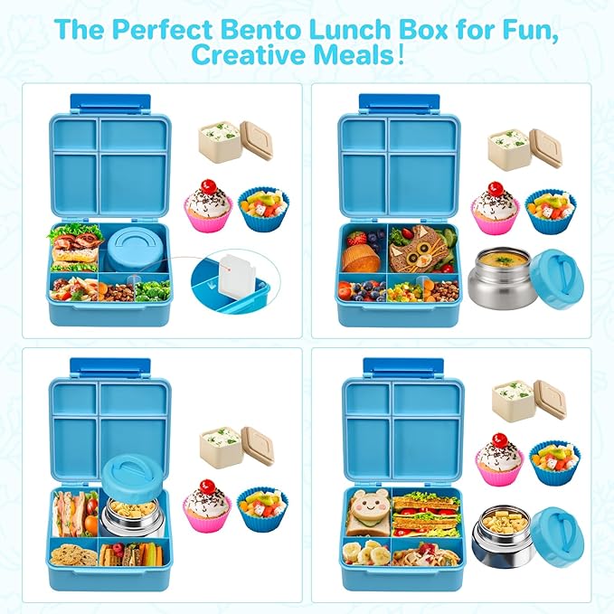 JSLOVE Bento Lunch Box with Leak Proof Thermos Food Jar for Kids, Food Lunch Containers for Boys with 4 Compartments, BPA-Free with Utensils, Food Picks, Sauce Jar & Silicone Lunch Box Dividers
