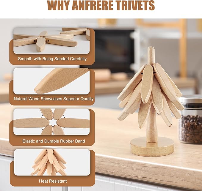 Wooden Trivets for Hot Dishes, Tree-Shaped Wooden Trivet Set, Includes 4 Trivets with Stand, Beech Wood (Walnut)