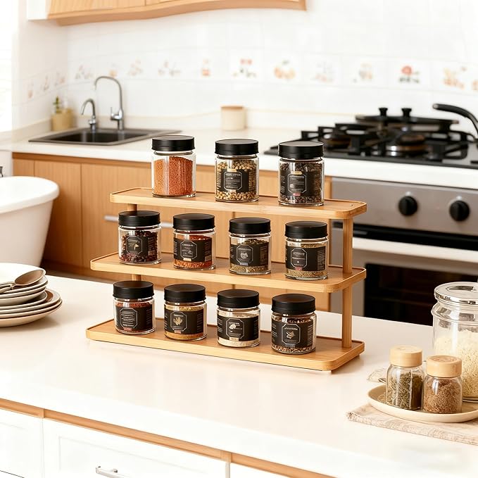 3-Tier Bamboo Mug Holder Countertop Coffee Station Organizer Spice Rack Shelf Mug Rack for Kitchen Cabinets
