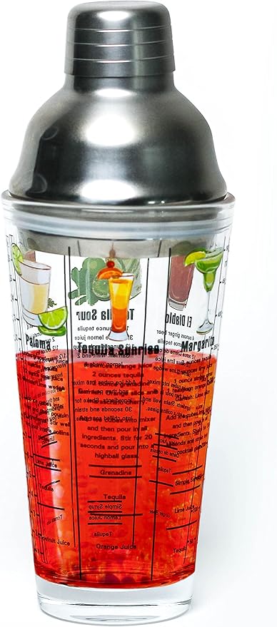 14 oz Recipe Glass Cocktail Shaker With Strainer Top - Includes 6 Cocktail Drink Recipes (Tequila Theme)