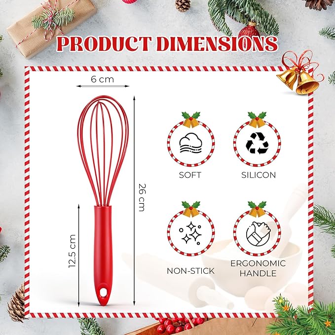 Domensi 24 Pcs 10 Inch Red Silicone Whisk Non Scratch Balloon Wire Whisk for Cooking Manual Egg Beater Milk Coffee Frother, Baking Gifts Cooking Supplies for Christmas Gift Party Stocking Stuffers
