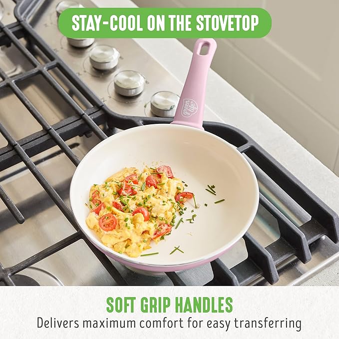 GreenLife Soft Grip 8” Frypan Skillet and Spatula Breakfast Cookware Set, PFAS-Free Ceramic Nonstick, Silicon Spatula with Bamboo Handle, Egg Omelette Bacon, Dishwasher Safe, Stay-Cool Handles, Pink