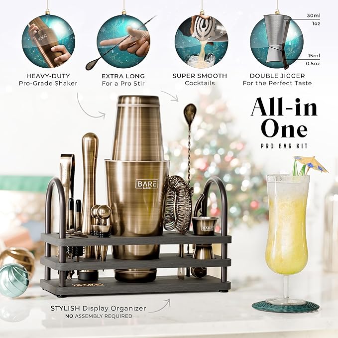 BARE BARREL® Mixology Bartender Kit Bar Set | 14-Piece Cocktail Shaker Set | Martini Barware Mixing Tools for Home Bartending | 35 Recipe Cards | Gift Set (28oz Boston Shaker, Brass/Black)