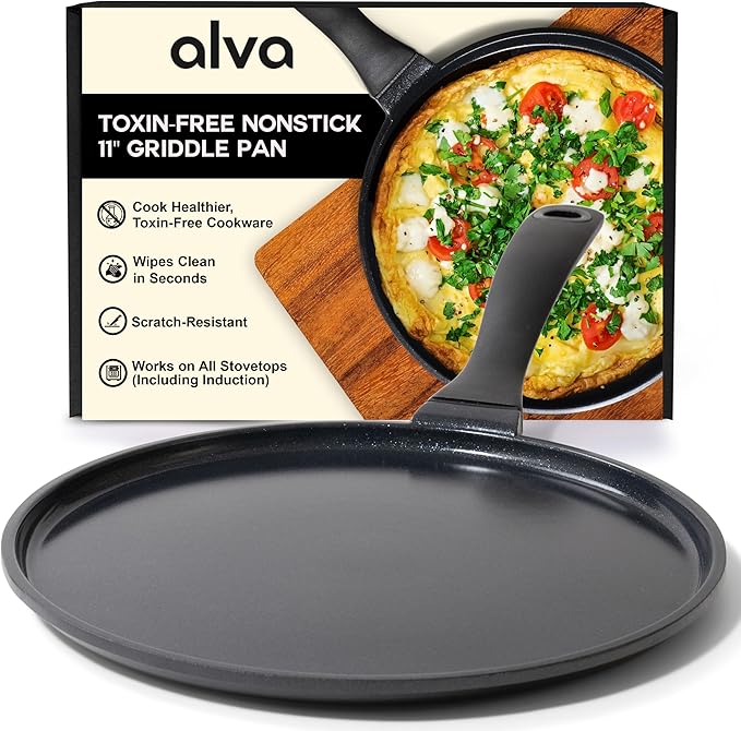 Alva Energy 11″ Ceramic Nonstick Crepe Pan – No PFAS/PFOA/PTFE, Ultra‑Low Oil Release, Works on Gas/Electric/Induction, Lightweight & Easy Cleanup & Stay-Cool Handle