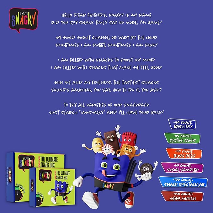 I AM Snacky - Holiday Christmas Stocking Stuffers, Snack Box Variety Pack Care Package + Greeting Card - SNACKY'S SOCIAL SAMPLER (60 Count) Xmas Birthday Sweet Treats Gift Basket, Candies Chips