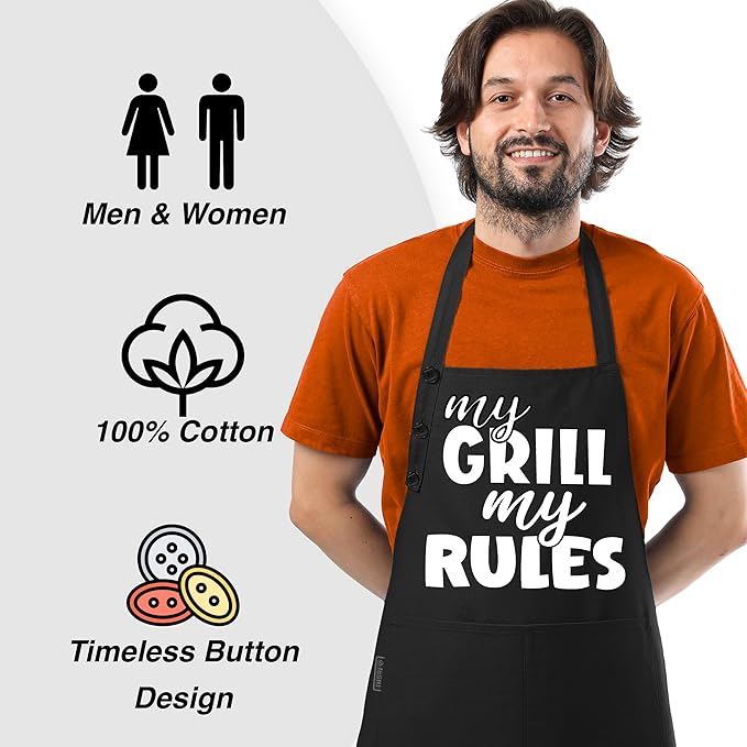 TOSHE Funny Apron Waterdrop Resistant Cotton Apron with adjustable Aprons for Women with Pockets 12 Color option Cooking (Black - My Grill My Rules)