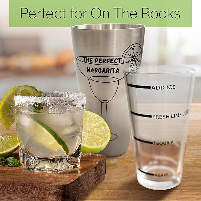 The Perfect Margarita | Easy to Use Margarita Cocktail Shaker Kit | Single & Double Recipes | No Jiggers or Measuring Tools Needed | Bartender Quality Shaker and Hand Juicer | Home Bar Accessories