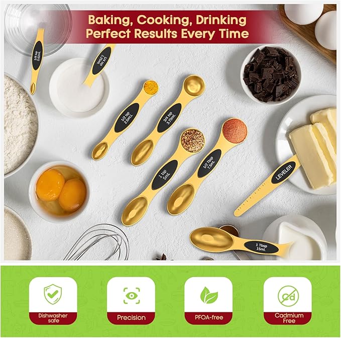 Magnetic Measuring Spoons Set with Strong N45 Magnets, Heavy Duty Stainless Steel Metal, Fits in Most Kitchen Spice Jars for Baking & Cooking, BPA Free, Multicolor, Set of 8 with Leveler(Gold)