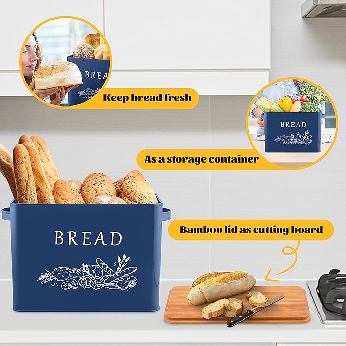 E-far Bread Box for Kitchen Countertop, Metal Bread Storage Container Bin with Bamboo Lid for Cutting Bread, Extra Large & Farmhouse Style, 13” x 7.2” x9.8”, Navy Blue