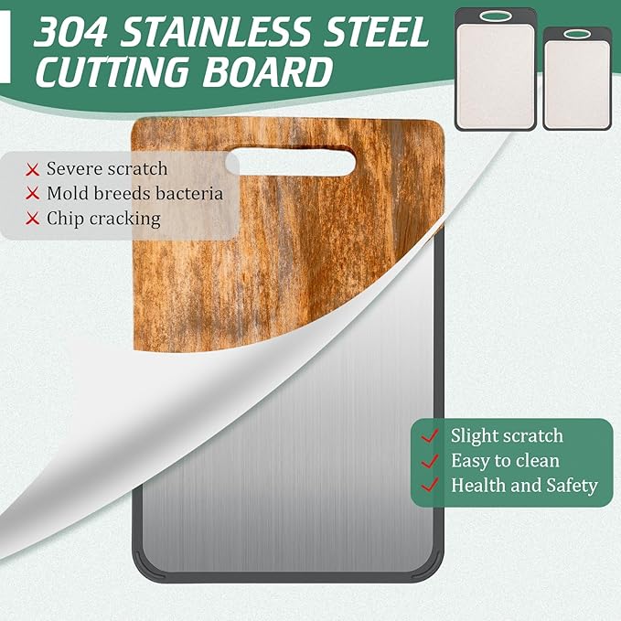 Patelai 2 Pack Stainless Steel Cutting Board Double Sided Cutting Board Large 304 Stainless Steel Wheat Straw PP for Kitchen Chopping, Easy to Clean (14 x 9.6 Inch,15.7 x 10.6 Inch)