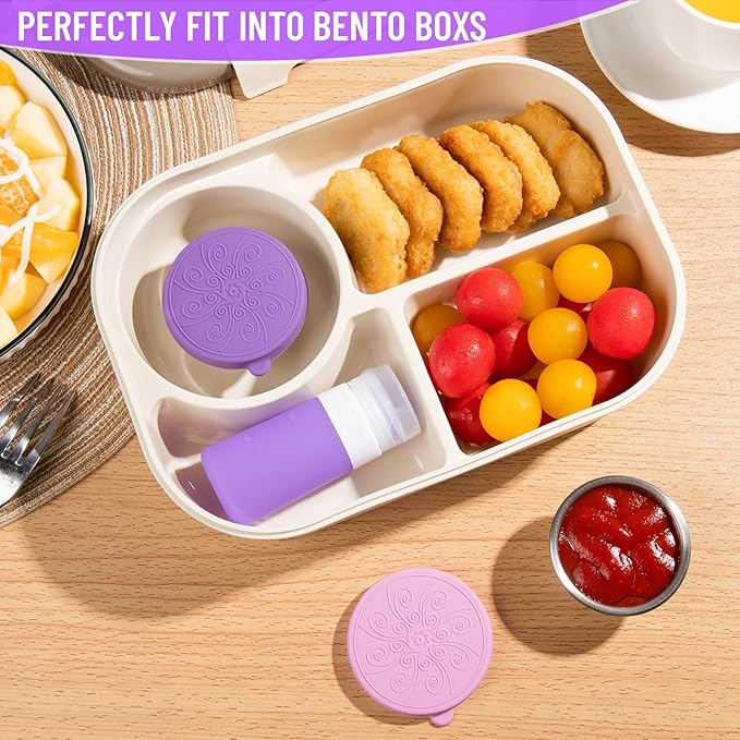8-Pack Salad Dressing Container To Go, 2-oz Silicone Small Condiment Squeeze Bottles and 1.6 oz Stainless Steel Sauce Containers Cups, Leakproof Condiment Containers with Lids for Lunch Box