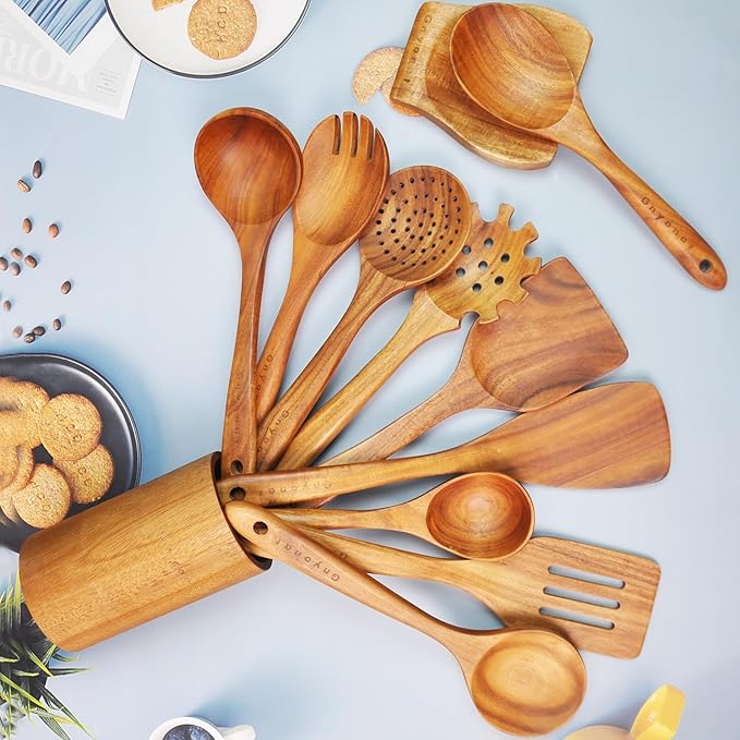 12 Pcs Wooden Spoons for Cooking with Holder, Kitchen Utensils Set Utensils Wooden Spatulas for Cooking