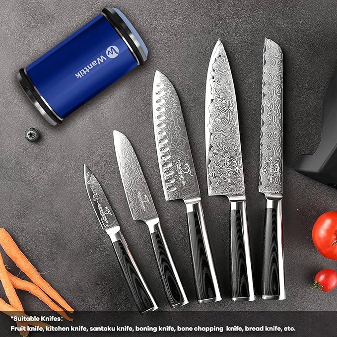 Rolling Knife Sharpener Kit, Upgraded Roller Knife Sharpener with Leather Strop for Kitchen Knives, 4-Disc Rolling Stone Sharpener with 15&18&20&22 Degree Sharpening, Blue