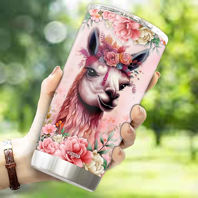 Llama Tumbler 20oz Cute Animal Gift for Women, Girls Who Freaking Love Llamas Lovers Flowers Perfect Birthday Christmas Valentine Wife Daughter Insulated Stainless Steel Coffee Cup with Lid