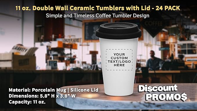 Personalized 11 oz. Double Wall Ceramic Tumblers with Lid - 24 Pack - Custom Text, Logo - Black