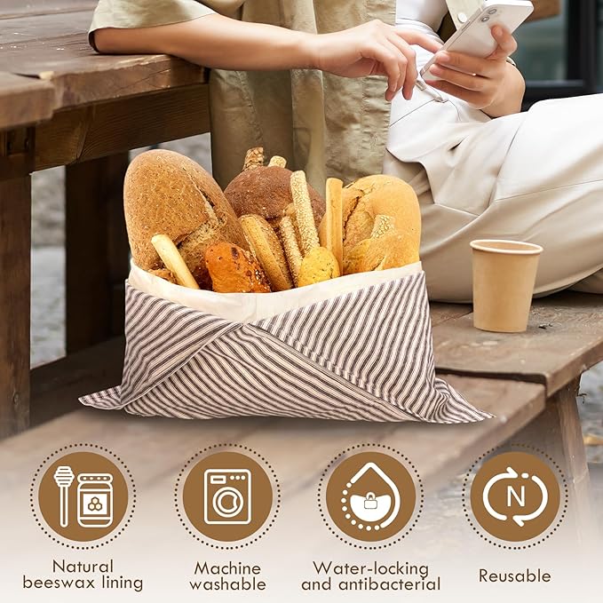 4 Pack Beeswax Bread Bags, Striped Linen Bento Bags, 14" Cotton Loaf Bag, Reusable Organic Food Storage, Sourdough Bag, Rustic Farmhouse Azuma Bukuro Origami Wrap for Baked Gifts (Natural Color, 4)