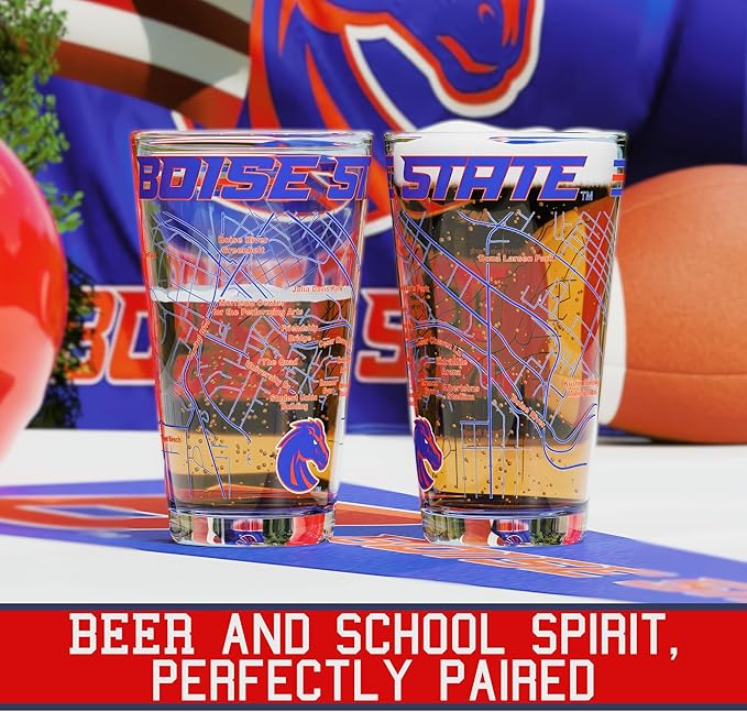 Greenline Goods – Boise State University Broncos College Pint Beer Glasses (Set of 2), 16 oz – Full-Color Logo + Campus Map