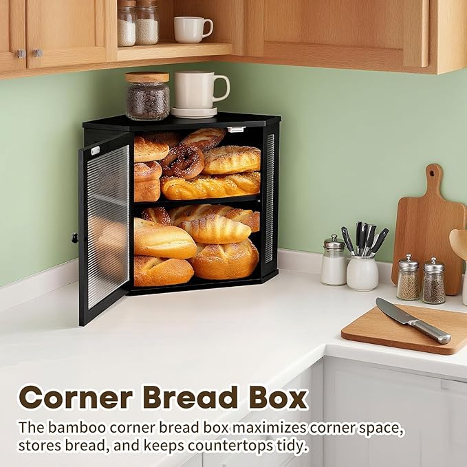 Corner Bread Box for Kitchen Countertop - Bamboo Large Capacity Bread Storage Bin with Acrylic Wavy Door Panel,Bread Box (Black,Extra Large)