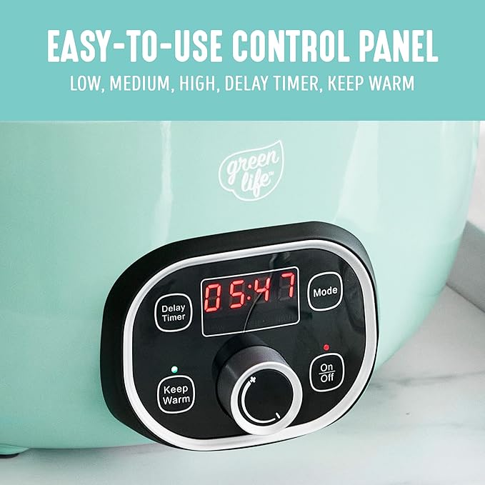 GreenLife 8QT Slow Cooker, Non-Toxic PFAS-Free Ceramic Nonstick Removable Interior Bowl, Programmable, Family Friendly, Keep Warm, Stovetop & Oven Safe, Dishwasher Safe Crock, Glass Lid, Turquoise
