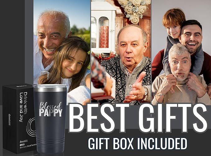 Onebttl Pappy Gifts, Grandpa Father's Day Gifts from Grandchildren, Laser Engraved Design, 20oz/590ml, Stainless Steel Tumbler with Straw & Lid, Black - Blessed PAPPY