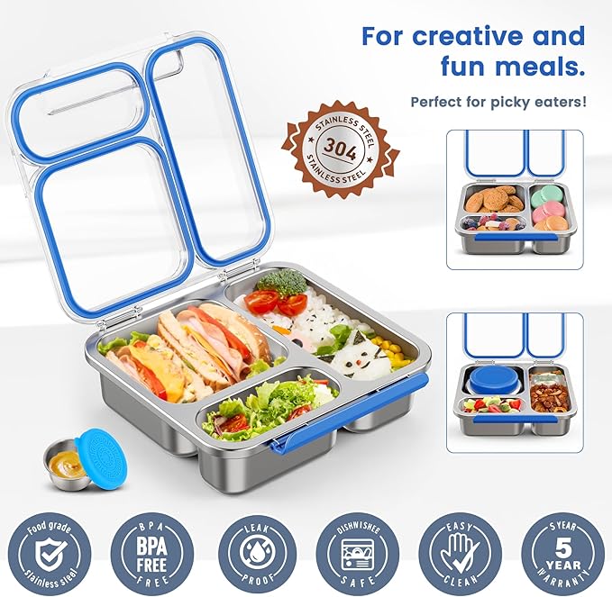 Stainless Steel Bento Box Kids Adult with 7oz Soup Thermo, Transparent Lid 3 Compartments Metal Bento Lunch Box with Insulated Food Jar,Lunch Box Container Sauce Cup for School,BPA-Free(Blue)