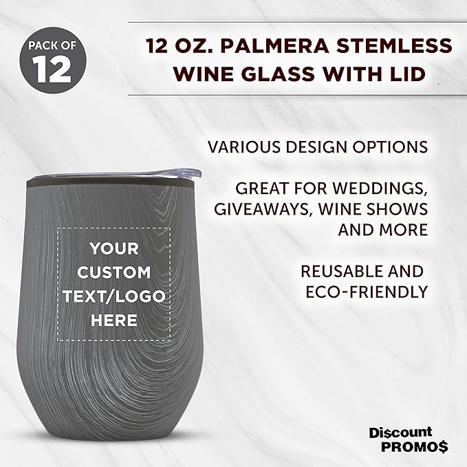 Custom Palmera Stemless Wine Tumblers with Lids 12 oz. Set of 12, Personalized Bulk Pack - Perfect for Wine, Cocktails, Other Hot & Cold Beverages - Rustic Grey