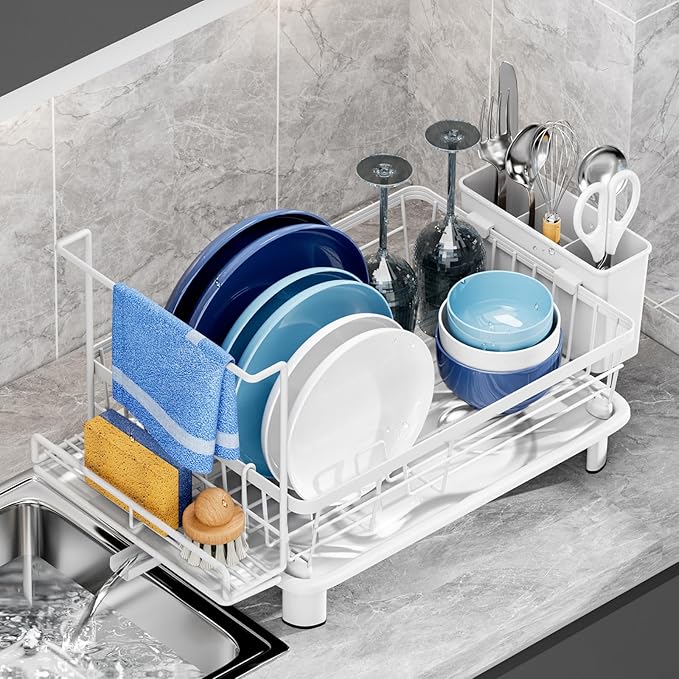 Compact Dish Drying Rack, Dish Drainers for Kitchen Counter with Sponge Rack, Kitchen Drying Rack with Drainboard, Utensil Holder and Automatic Drainage Drainboard, White