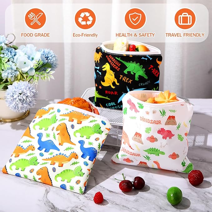Chumia 6 Pcs Reusable Snack Bags Christmas Gifts Food Safety Washable Snack Bags Lunch with Zipper Portable Sandwich Bag Food Storage Pouch Double Layer(Dinosaur,7 x 7 Inches)