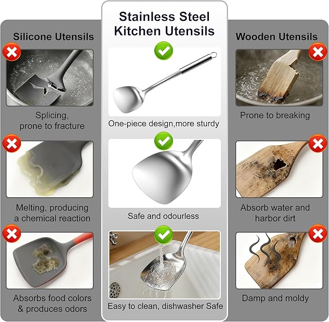 Bestdin Kitchen Utensils Set 12Pcs - Nontoxic Stainless Steel Cooking Utensils, Non-Stick and Heat Resistant Metal Kitchen Gadgets Tools, Cookware, Dishwasher Safe, Mirror Polished