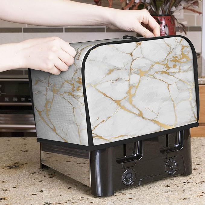 Toaster Cover 2 Slice White Gold Marble Abstract Kitchen Small Appliance Covers with Pockets Dust and Fingerprint Protection