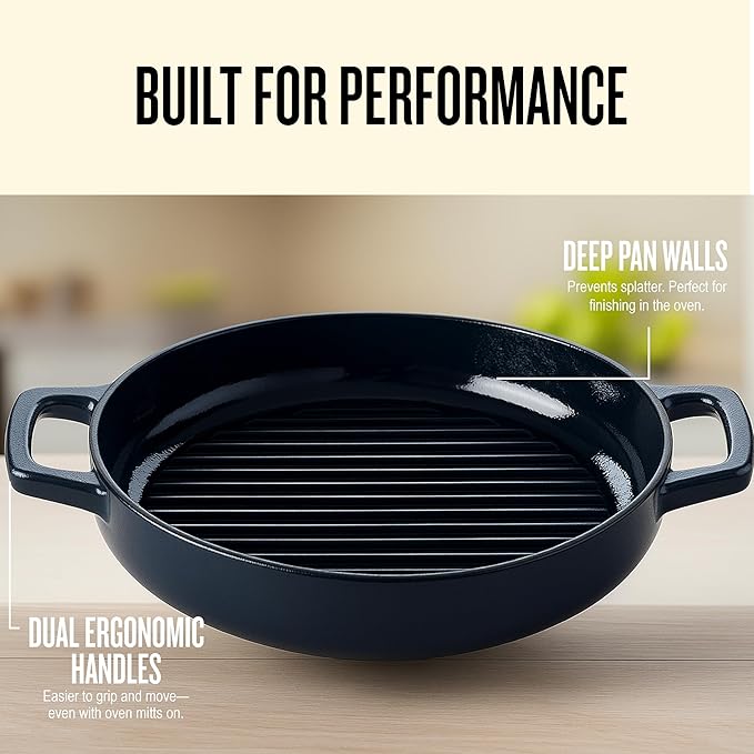 Alva Nori Enameled Cast Iron Grill Pan, 11" – Made With No PFAS/PTFE/PFOA, Oven & Induction Safe – 3-Layer Enamel, No Seasoning Needed – Durable, Easy-Clean Bakeware for Healthy Cooking, Black