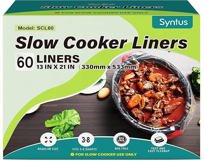Syntus Slow Cooker Liners, 60 Count Cooking Bags Large Size Disposable Pot Liner Plastic Bag, Fit 3QT to 8QT for Slow Cooker Cooking Trays, 13"x 21", 60 Liners