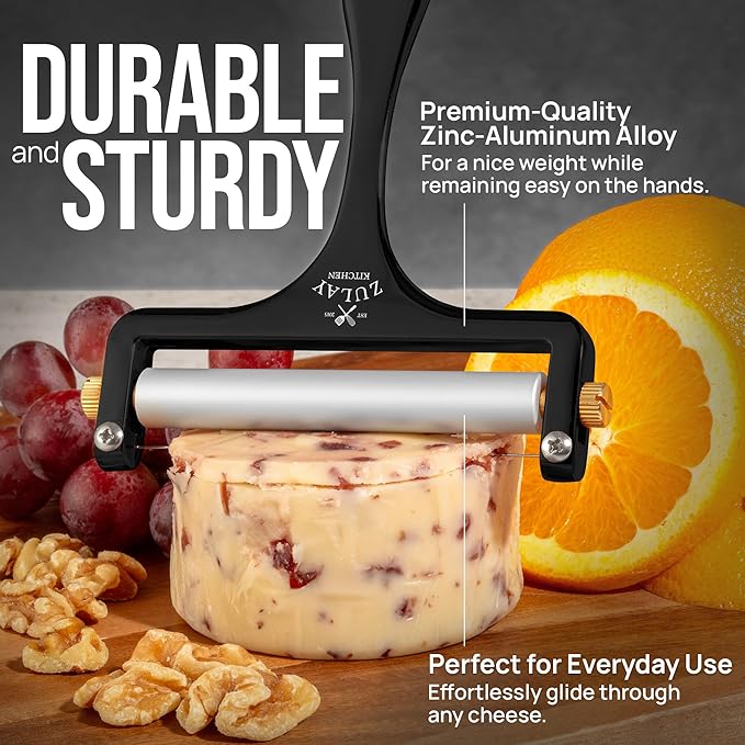 Zulay Kitchen Stainless Steel Wire Cheese Slicer - Adjustable Hand Held Cutter with 2 Extra Wires - Premium Cheese Shaver For Mozzarella, Cheddar, Gruyere - Black