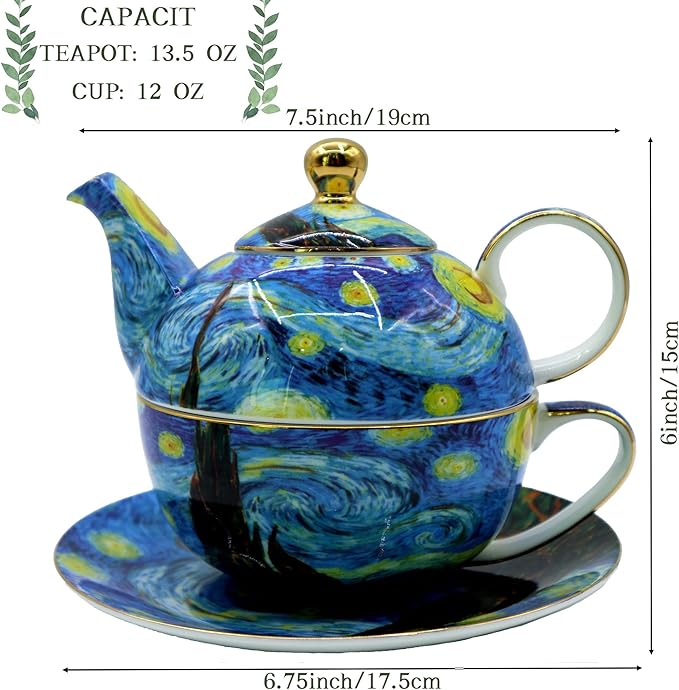 Porcelain 13 OZ Tea for One Teapot and Cup Set Vintage Floral Ceramic Tea Set European Style Tea pot and Saucer Set (Starry Sky)