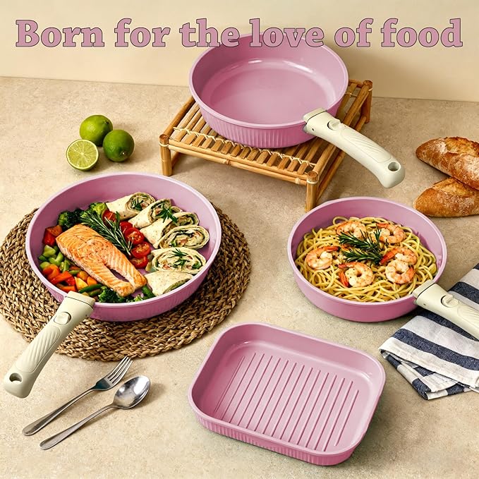 24 Pcs pots and pans set,pots and pans set non stick,Oven-safe and dishwasher-safe,PFAS/PFOA Free,Induction Dishwasher Oven Safe cookware set (Pink)