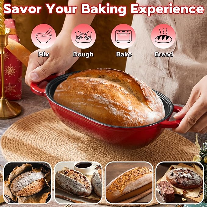 Onader Enameled Cast Iron Dutch Oven, 2.8QT Dutch Oven Pot with Lid for Sourdough Bread Baking, Oval Meatloaf Pan, Heavy Duty - Red