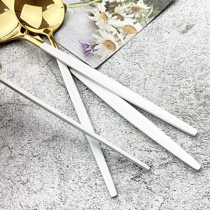 JASHII 18/10 Silver Silverware Set Stainless Steel Flatware Utensils Set Gold Cutlery Set| 36-Piece Modern Cubiertos Dorados| BEST Birthday Wedding Gift (6 sets, White Handle Gold Mirror Polish)