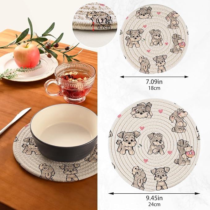 Kitchen Trivets Pot Holders Set of 2, Cute Schnauzer Hearts Trivets for Hot Pots Dishes Woven Trivet Coaster Pad Mat for Counter