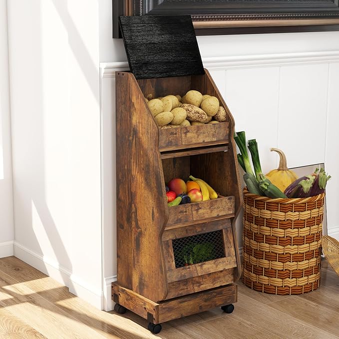 ARTETHYS Potato Storage Bin Movable Bread Box with Lid Rustic and Wheels Onion Organizer with Grocery Section Decorative Vegetable Organization Cabinet for Kitchen