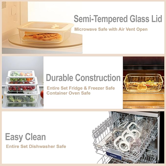 Urban Green Glass Food Container Set with Glass Lid, 4 Pack, Food Storage Containers Set, Airtight, LeakProof, 100% Plastic Free, Meal Prep Containers (White Color)