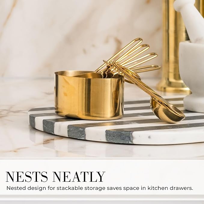 STYLED SETTINGS Gold Measuring Cups and Spoons Set – Stackable 8-Piece Brass Measuring Set – Stylish and Sturdy Gold Kitchen Accessories for Baking and Cooking