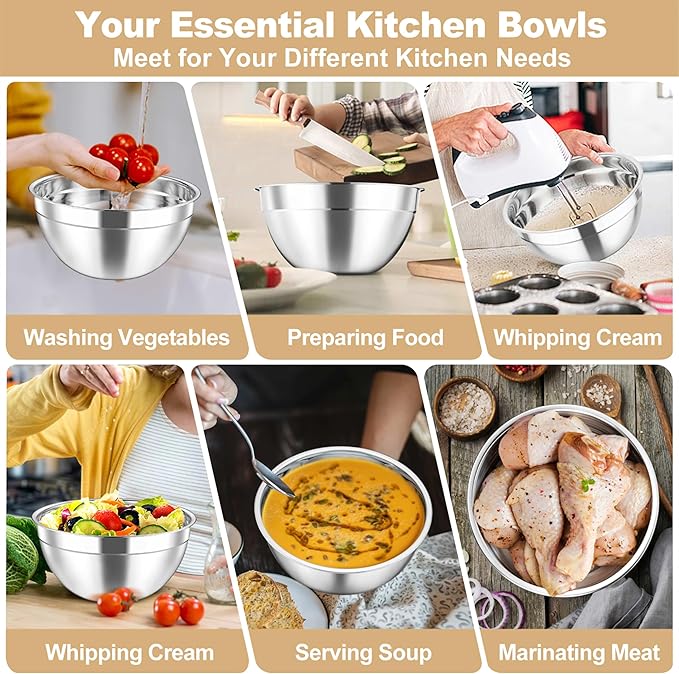 TeamFar Mixing Bowls, 4.5/3/1.5/1/0.7 QT Stainless Steel Nesting Salad Bowls with Visible Lids, For Serving/Mixing/Storing, Non-Toxic & Heavy Duty, Airtight & Easy Clean, Khaki, Set of 5