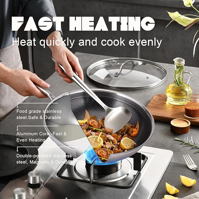 Hybrid Wok, 12 inch Wok with lid,Stainless Steel woks & Stir-fry pans Non Stick, PFOA Free Cookware, Dishwasher and Oven Safe, Compatible With Induction