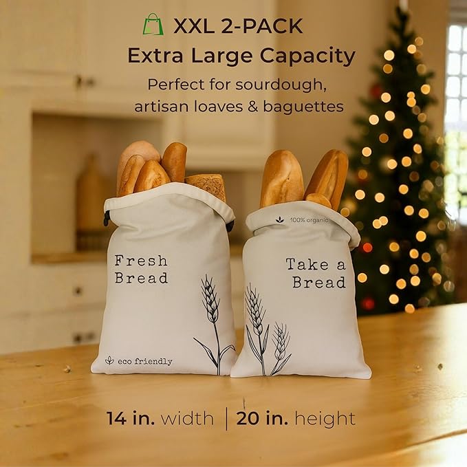 Bread Bags for Homemade Bread - 2 Pack XXL Cloth Bread Bags with Lining and Double Lock, Reusable Freezer Bags, Durable Bread Storage Bags, Reusable Gift Bags for sourdough