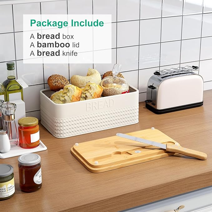 Bread Box for Kitchen Countertop, Large Bread Storage Container with Bamboo Lid, Iron Farmhouse Bread Box for Your House, White