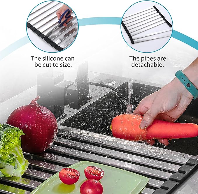 23.6" x 12.8" Roll-Up Dish Drying Rack Over Sink - Kitchen Sink Cover and Organizer Gadget with Foldable Stainless Steel Drainer and Sink Mat, Silver Dish Rack - Large