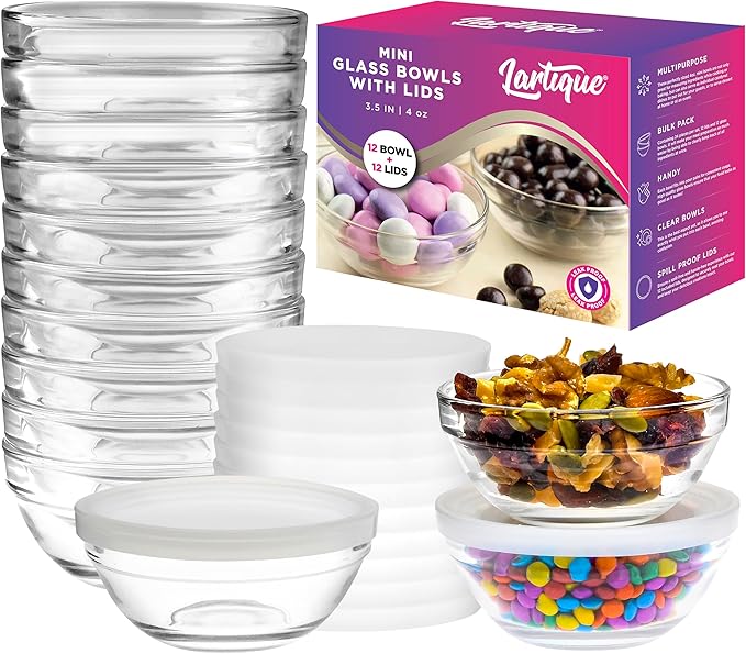 Mini 3.5 Inch Small Glass Bowls with Lids - Small Bowls Perfect for Prep, Dips, Nuts, or Candy - Meal Prep Bowls or Dessert Bowls, Set of 12